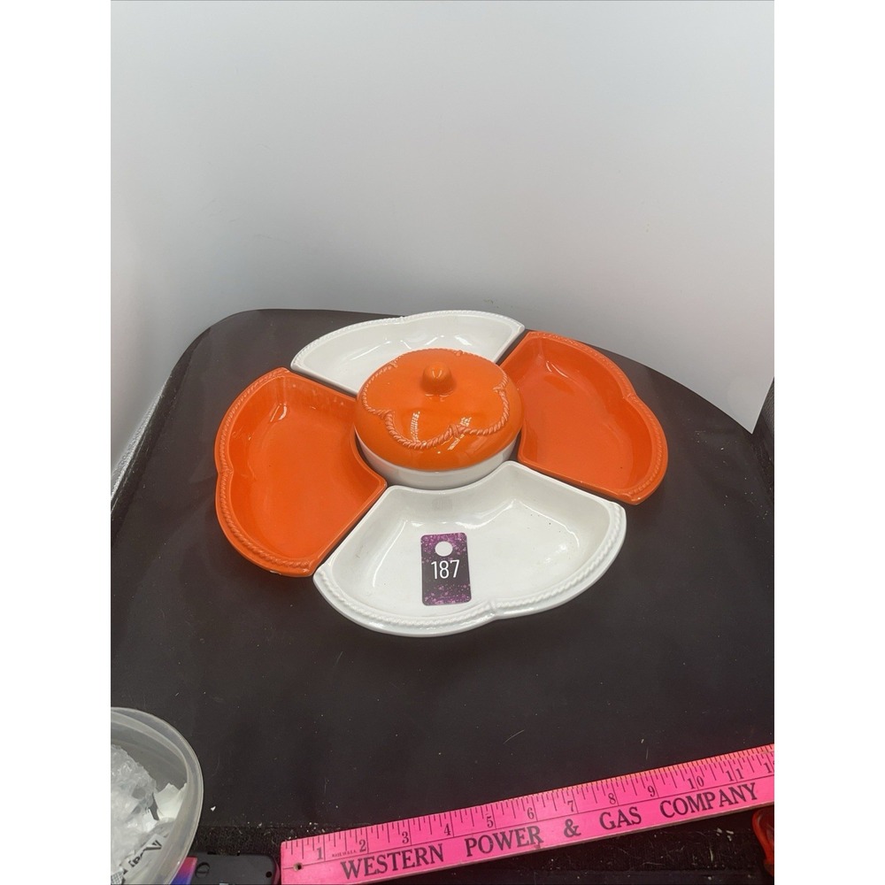 California pottery lazy susan vintage Avocado Orange And White‎ MCM Serving Set